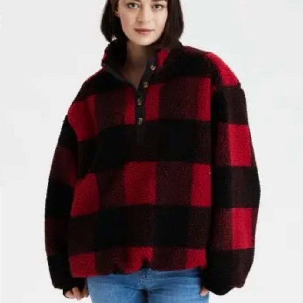 American Eagle Outfitters Red and Black Sherpa Plaid Teddy Jacket Small